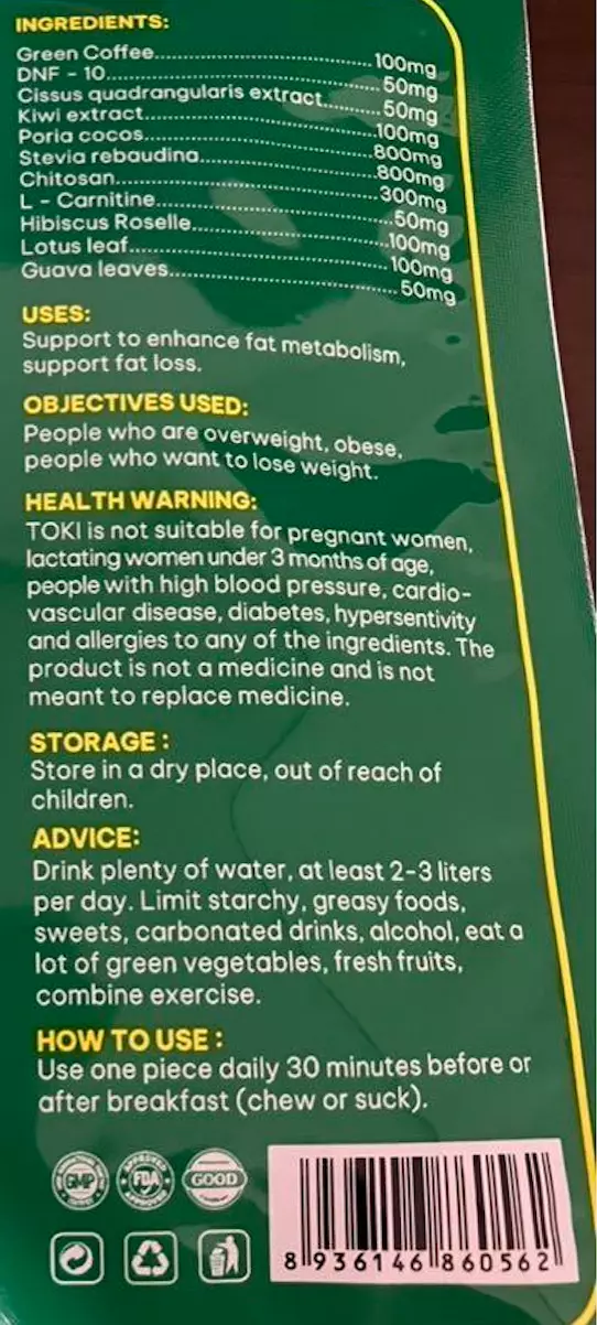 TOKI Candy Detox Kiwi Flavor Weight Loss supplement 15 Pieces